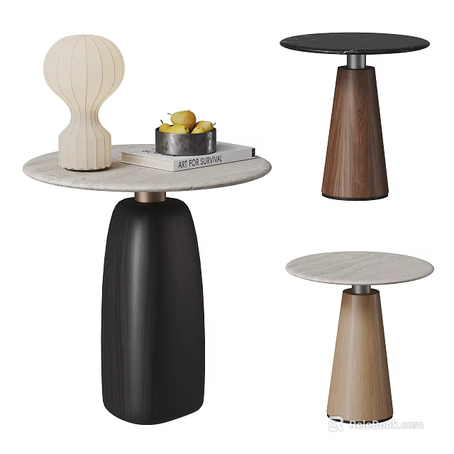 Contemporary Side Tables Featuring Round Marble Top Cylindrical Base With Lamp Fruit Bowl And Books 3d model 