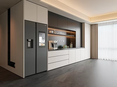 Modern Open Kitchen Interior With Stylish Sideboard Cabinet Featuring LED Lighting And Storage Drawers 3d model