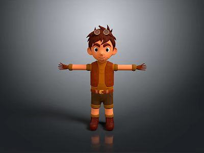 Playful Child Boy Wearing Pilot Goggles Brown Vest Shorts And Boots With Arms Outstretched 3d model