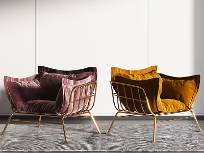 Stylish Accent Chairs With Golden Metal Frame And Purple Yellow Velvet Cushions 3d model