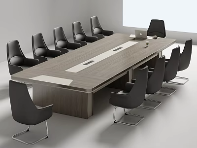 Modern Wooden Conference Table With Black Chairs And Laptop In Minimalist Meeting Room 3d model