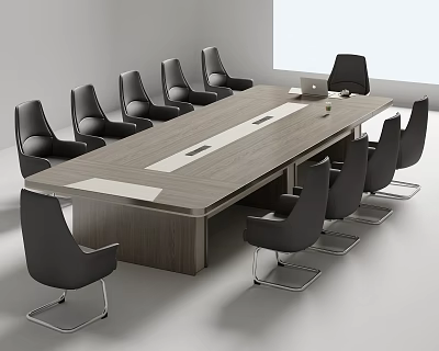 Modern Wooden Conference Table With Black Chairs And Laptop In Minimalist Meeting Room 3d model