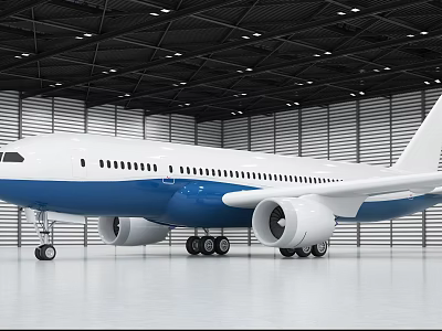 Blue and White Passenger Airplane in Indoor Hangar with Engines Landing Gear and Windows 3d model
