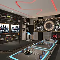 Modern KTV Lounge Interior With Red Neon Ceiling Black White Geometric Walls And LED Glass Tables