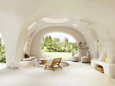 Curved White Interior Space Featuring Large Windows Natural Landscape Furniture And Fireplace 3d model