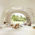 Curved White Interior Space Featuring Large Windows Natural Landscape Furniture And Fireplace