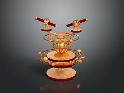 Decorative Orrery Model With Wooden Base Metal Rings And Spherical Elements 3d model