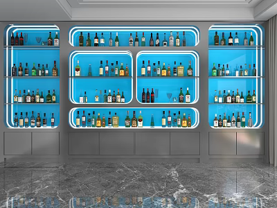Modern Wine Cabinet Interior Design With Glass Shelves LED Lighting And Various Bottles 3d model