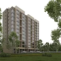 Modern High Rise Residential Building With Large Glass Windows And Lush Green Surroundings