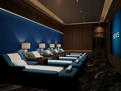 Luxury Club Lounge Interior With Blue Walls Wooden Decor Reclining Seats And Table Lamps 3d model