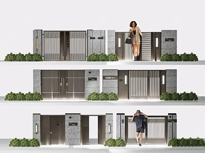 Modern Building Entrance Swing Door Design With Stone Walls And Green Plants 3d model