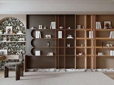 Modern Bookcase Interior Design With Layered Shelves Books And Decorative Items 3d model