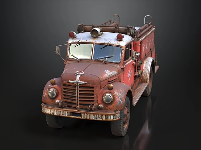 Vintage Red Fire Truck with Rusty Exterior Front View Headlights and Roof Equipment 3d model