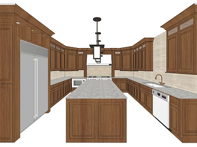 Classic Wooden Kitchen Interior With Central Island Countertop Sink Refrigerator And Cabinets 3d model