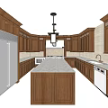 Classic Wooden Kitchen Interior With Central Island Countertop Sink Refrigerator And Cabinets