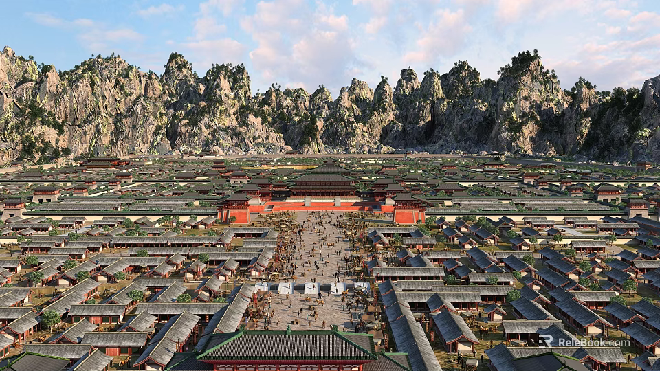 Ancient Architecture Complex With Traditional Roofs Courtyards And Mountain Backdrop 3d model 