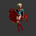 Blonde Female Superhero In Blue Costume With Red Cape Dynamic Pose Dark Background