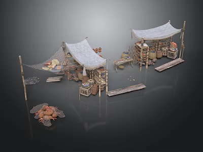 Rustic Outdoor Market Stall Components With White Canopies Wooden Frames Fishing Nets And Baskets 3d model