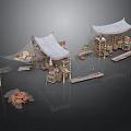 Rustic Outdoor Market Stall Components With White Canopies Wooden Frames Fishing Nets And Baskets