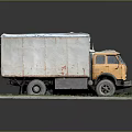 Old Yellow Truck Model With Rusty Body And White Roof On Grass And Pavement Base