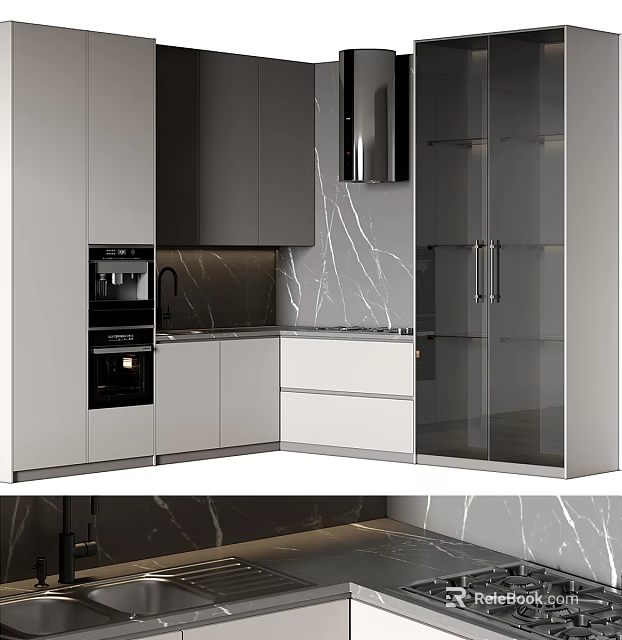 Modern Kitchen Interior With Stylish Cabinets Glass Doors And Appliances 3d model 