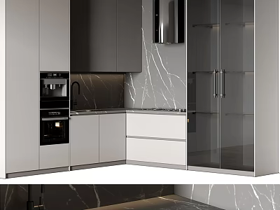 Modern Kitchen Interior With Stylish Cabinets Glass Doors And Appliances 3d model