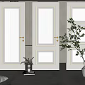 White Hinged Doors With Golden Handles And Glass Panels In Modern Interior