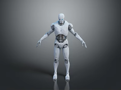 Humanoid Robot With White Exterior And Mechanical Structure Standing On Shiny Surface 3d model