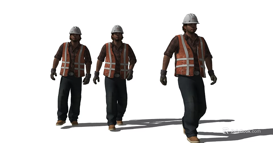 Group of Construction Workers Wearing Safety Helmets And Reflective Vests Walking Together 3d model 