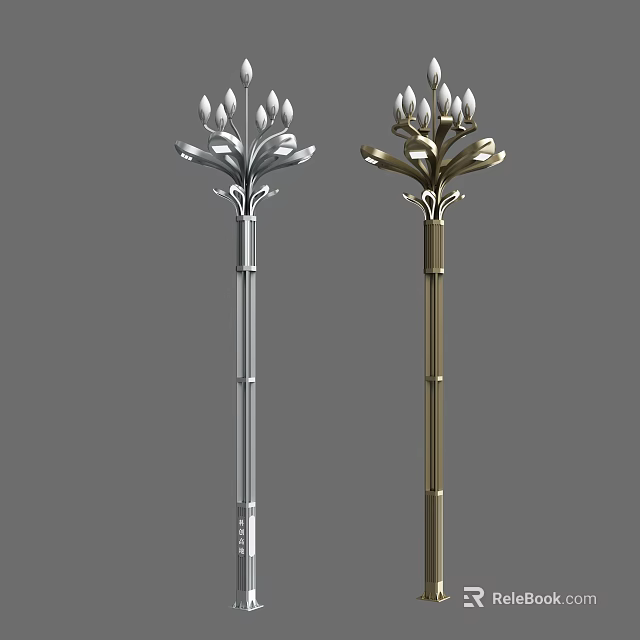 Silver and Gold Outdoor Lights with Slim Pole and Floral Design Light Heads 3d model 