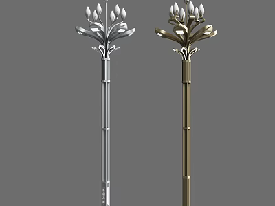 Silver and Gold Outdoor Lights with Slim Pole and Floral Design Light Heads 3d model