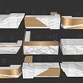 Modern Reception Desks With Marble Material Geometric Shapes Gold Accents And Black Chairs