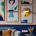 Blue Two Seater Sofa With Colorful Throw Pillows And Blanket Against Decorative Wall Art