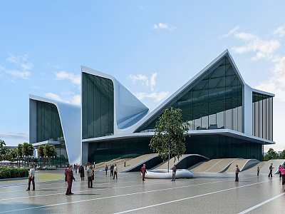 Modern Architecture Featuring Geometric Shapes Large Glass Curtain Walls Plaza And People 3d model