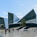 Modern Architecture Featuring Geometric Shapes Large Glass Curtain Walls Plaza And People