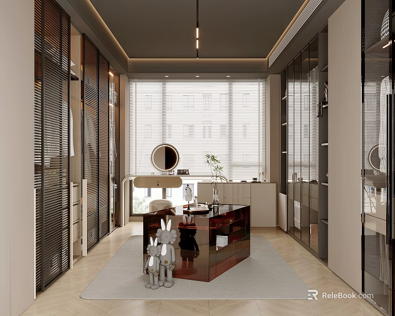 Modern Walk in Closet With Glass Cabinets Dressing Table And Decorations 3d model 