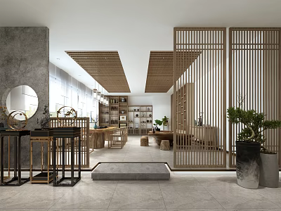 Modern Tea Room Interior With Wooden Lattice Round Mirror Long Table Plants And Bookshelves 3d model