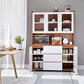 Modern Wooden And White Sideboard With Glass Door Dishes Cups Microwave Kettle And Food Packages