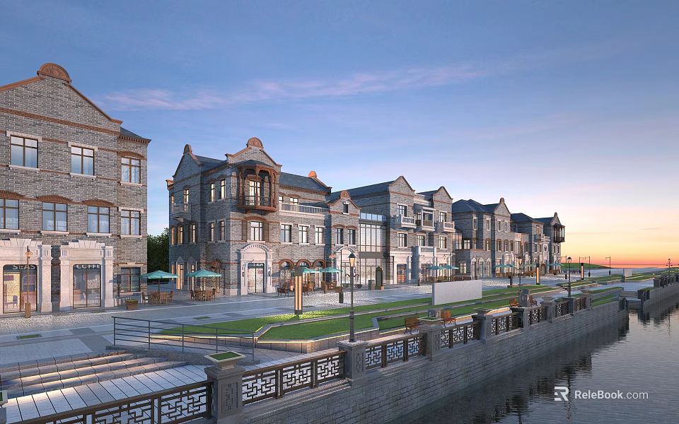Traditional Gray Brick Commercial Street With Riverside View And Outdoor Seating Areas 3d model 