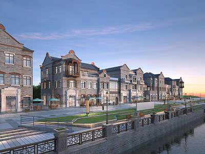 Traditional Gray Brick Commercial Street With Riverside View And Outdoor Seating Areas 3d model