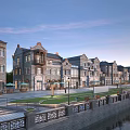 Traditional Gray Brick Commercial Street With Riverside View And Outdoor Seating Areas