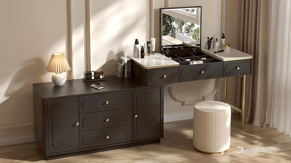 Stylish Modern Dressing Table With Dark Drawers Mirror Lamp Stool And Cosmetics 3d model 