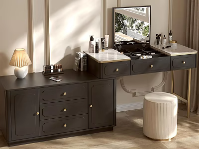 Stylish Modern Dressing Table With Dark Drawers Mirror Lamp Stool And Cosmetics 3d model