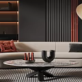 Modern Living Room With Sofa Armchairs Coffee Table Shelves And Floor Lamp
