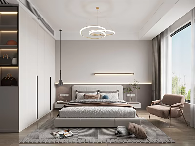 Modern Bedroom Interior With White Wardrobe Circular Pendant Light And Beige Armchair 3d model