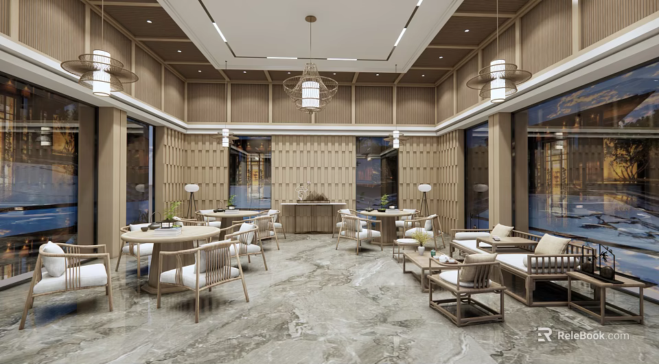 Modern Wooden Leisure Area Interior With Tables Chairs Sofas Chandeliers Marble Floor And Windows 3d model 