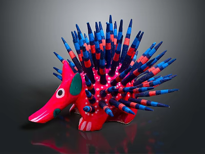 Vibrant Decorative Handcrafted Hedgehog Figurine With Red Nose Blue Orange Spikes 3d model