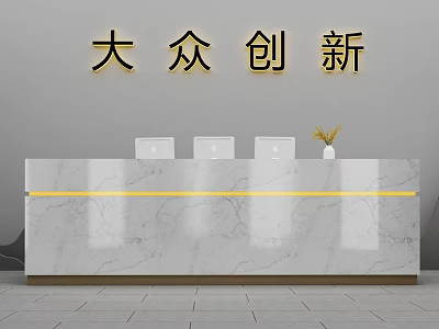 Elegant Modern Bar Counter Design With Marble Top Golden Letters Computers And Flower Vase 3d model