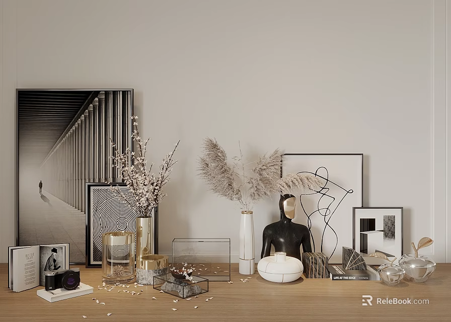 Decorative Ornament Set with Vases Pampas Grass Black Figurine and Framed Artworks on Wooden Tabletop 3d model 