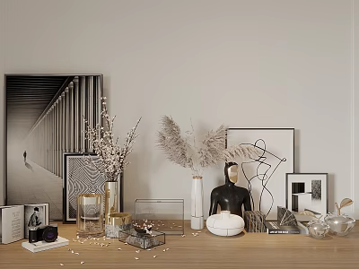 Decorative Ornament Set with Vases Pampas Grass Black Figurine and Framed Artworks on Wooden Tabletop 3d model
